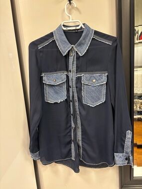 Navy Blouse with Distressed Denim Trim